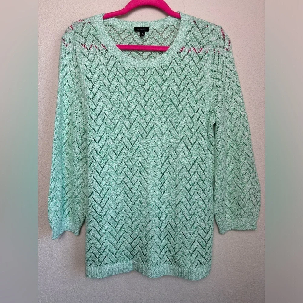 Talbots Linen Blend Pointelle Crewneck Sweater in Marled Green and White M